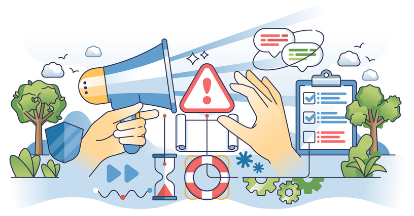 Crisis communication and corporate PR management outline hands concept